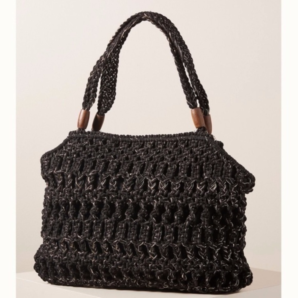 Anthropologie Black Claudine Macrame Tote Bag